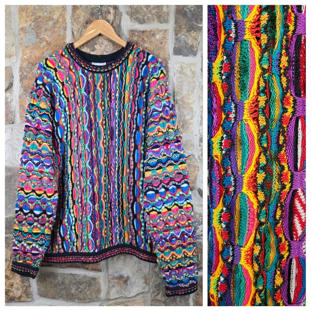 Coogi Multicolor Woven Knit 3D Y2K Rainbow Grandpa Sweater Shirt